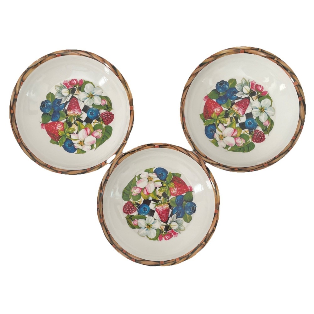 Mackenzie Childs Berries and Blossoms 7.75" Bowl Set Of 3 Excellent Pre-Owned